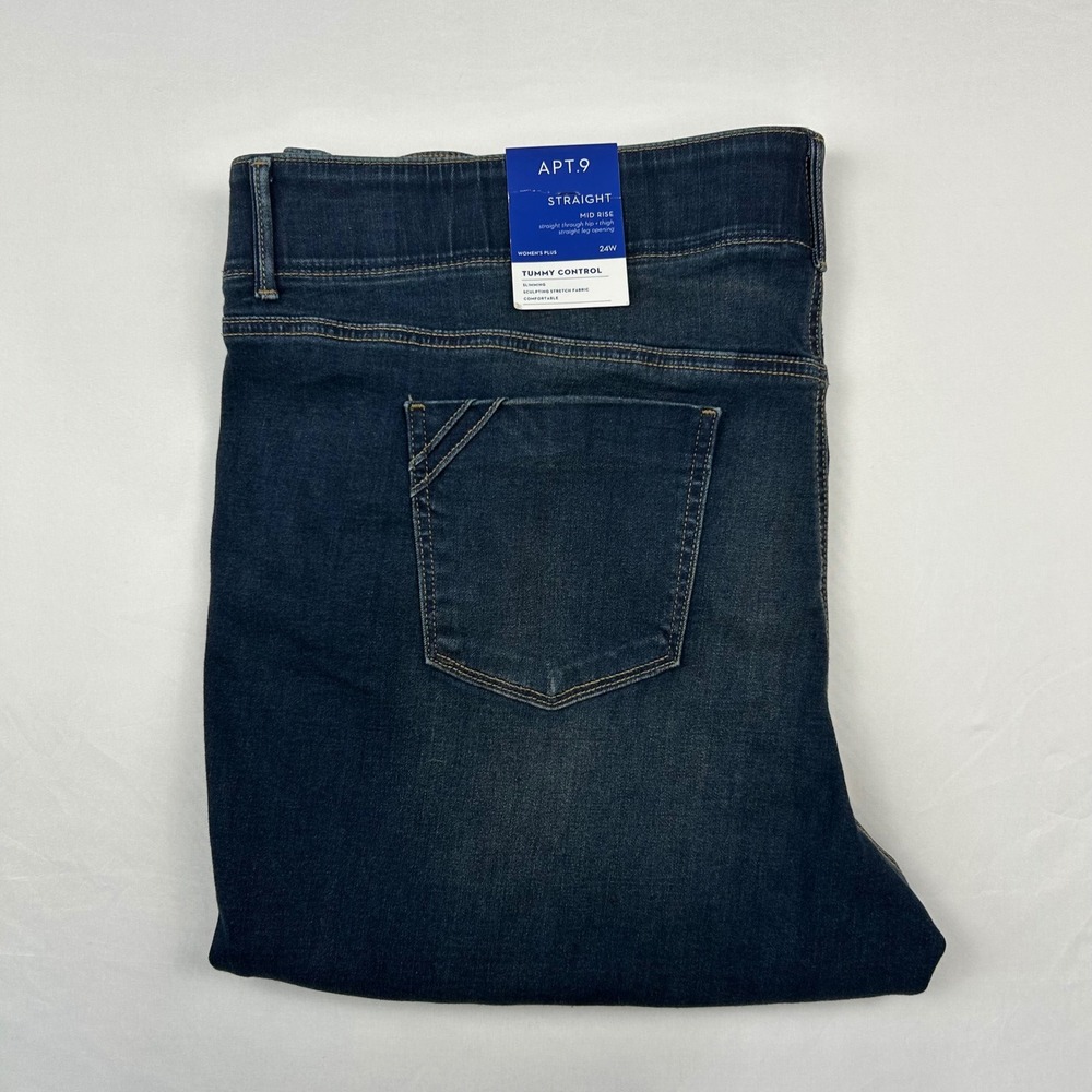 Apt. 9 Womens Plus 24W Straight Leg Jeans Dark Wash Tummy Control Mid Rise New